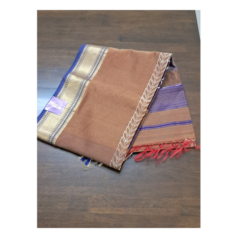 Maheshwari Saree with Big Zari Border in brown