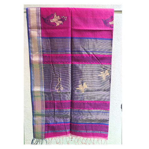 Maheshwari Saree with Big Zari Border in Dark Pink