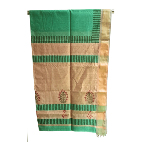 Maheshwari Saree with Big Zari Border in Green+Gold