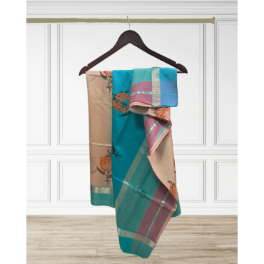 Maheshwari Saree Silk Colour- Kangra Patta - Cream-Blue