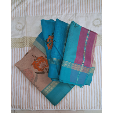 Maheshwari Saree Silk Colour- Kangra Patta - Cream-Blue