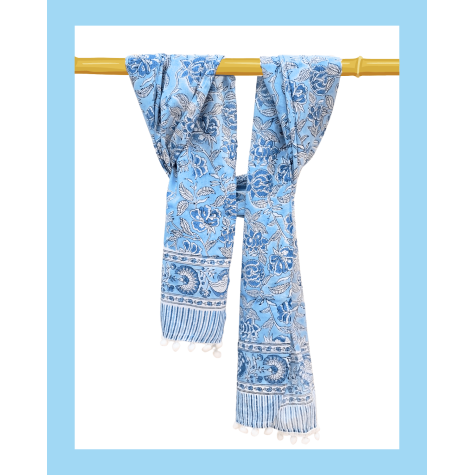 Stole in Cotton Block Printed - Blue Grey