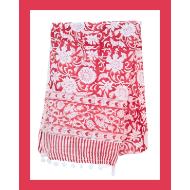 Stole: Cotton Block Printed in White with Red Print