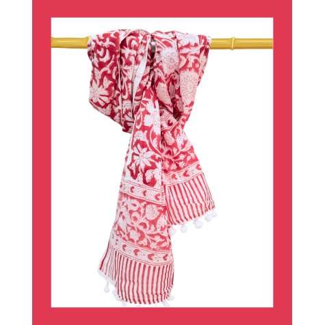 Stole: Cotton Block Printed in White with Red Print