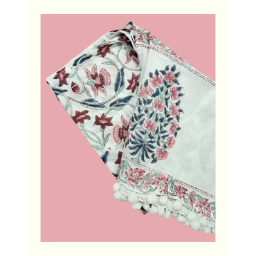 Stole: Cotton Block Printed in White with Pink Print