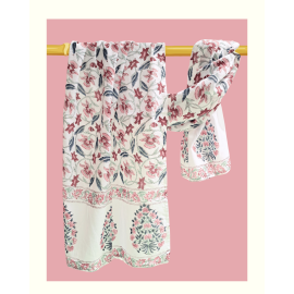 Stole: Cotton Block Printed in White with Pink Print