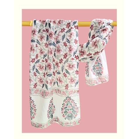 Stole: Cotton Block Printed in White with Pink Print